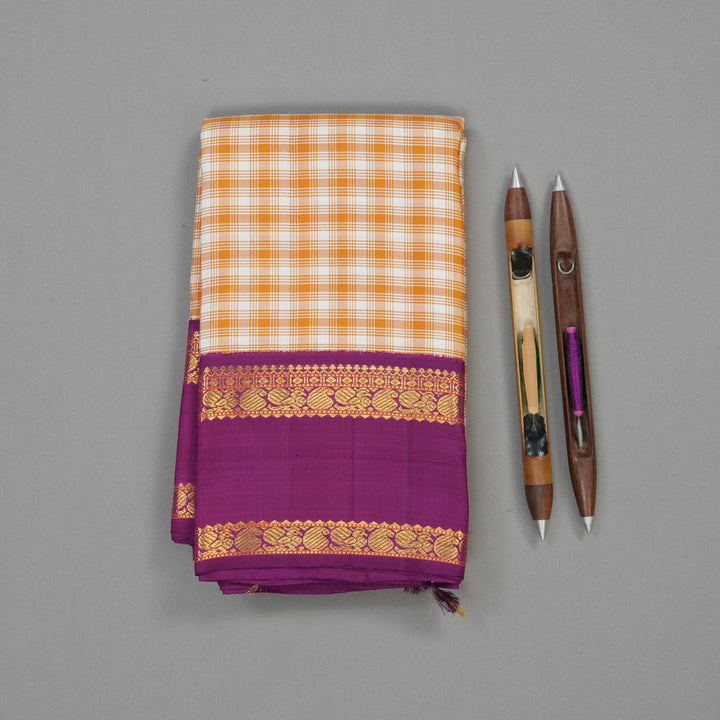 Hayagrivas Handloom Mustard & Half White Checks Kanjivaram Silk Saree KBD1578A3-1