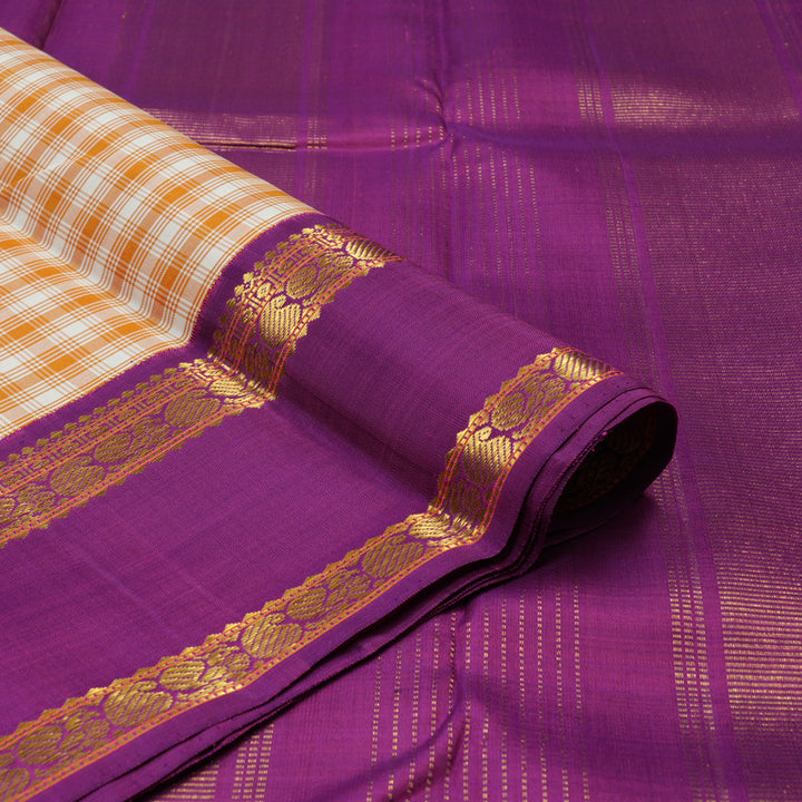 Hayagrivas Handloom Mustard & Half White Checks Kanjivaram Silk Saree KBD1578A3-1
