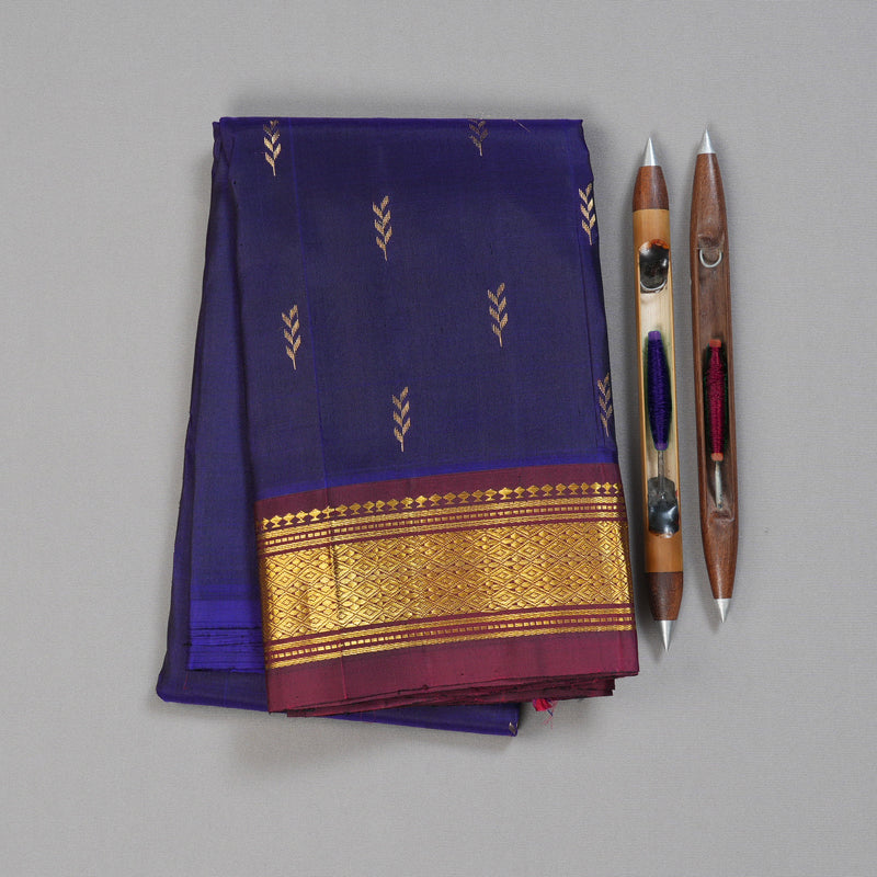 Hayagrivas Dark Blue Handloom Kanjivaram Silk Saree with Wine Maroon Border KBD1579A1-4