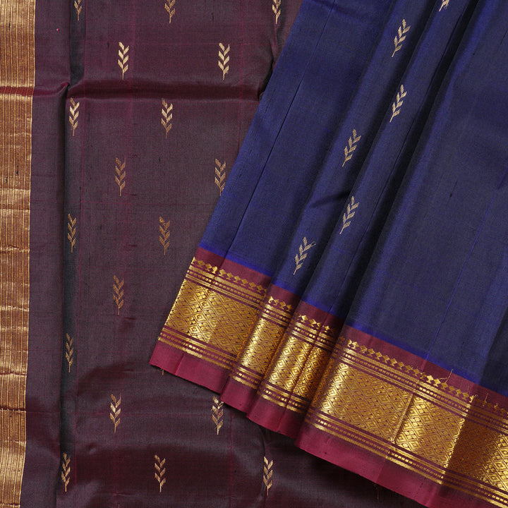 Hayagrivas Dark Blue Handloom Kanjivaram Silk Saree with Wine Maroon Border KBD1579A1-4