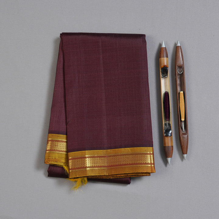 Hayagrivas Dark Brown Handloom Kanjivaram Silk Saree with Honey Mustard Border KBD1579A2-4