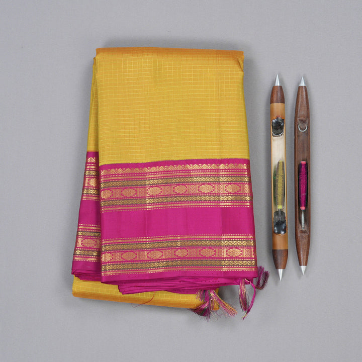Hayagrivas Mustard Yellow Handloom Kanjivaram Silk Saree with Pink Border KBD1581A1-2