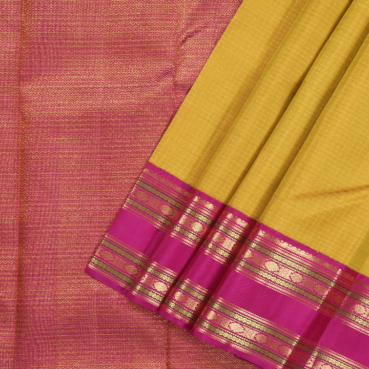 Hayagrivas Mustard Yellow Handloom Kanjivaram Silk Saree with Pink Border KBD1581A1-2