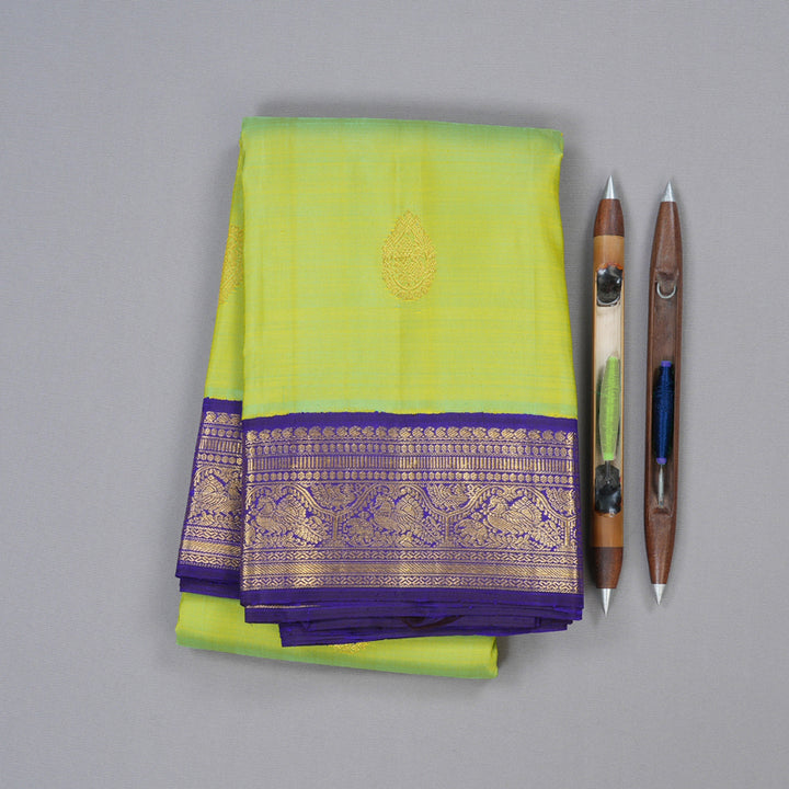 Hayagrivas Fluorescent Green Handloom Kanjivaram Silk Saree with Blue Border KBD1581A2-3