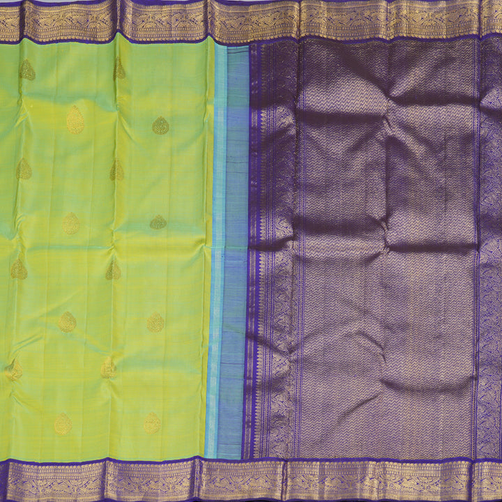 Hayagrivas Fluorescent Green Handloom Kanjivaram Silk Saree with Blue Border KBD1581A2-3
