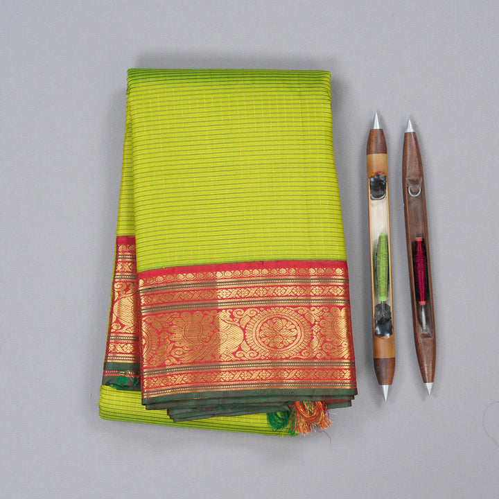 Hayagrivas Fluorescent Green Handloom Kanjivaram Silk Saree with Red Border with KBD1581A3-2