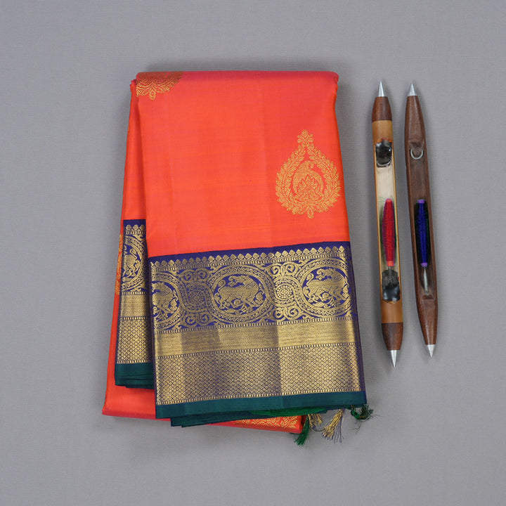 Hayagrivas Orangish Pink Handloom Kanjivaram Silk Saree with Blue Border KBD1581A3-3