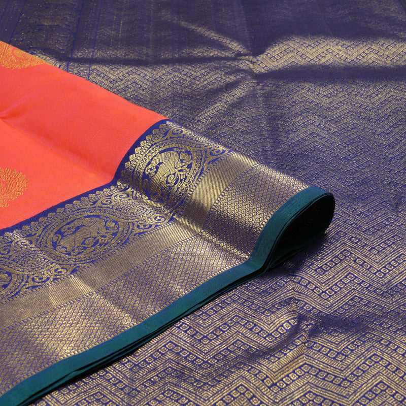 Hayagrivas Orangish Pink Handloom Kanjivaram Silk Saree with Blue Border KBD1581A3-3