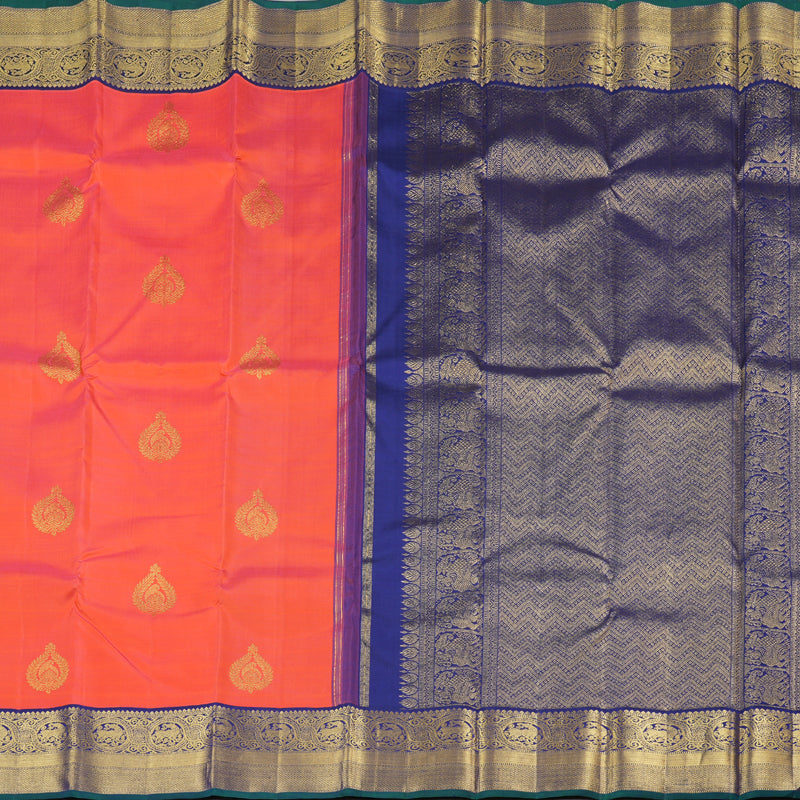 Hayagrivas Orangish Pink Handloom Kanjivaram Silk Saree with Blue Border KBD1581A3-3