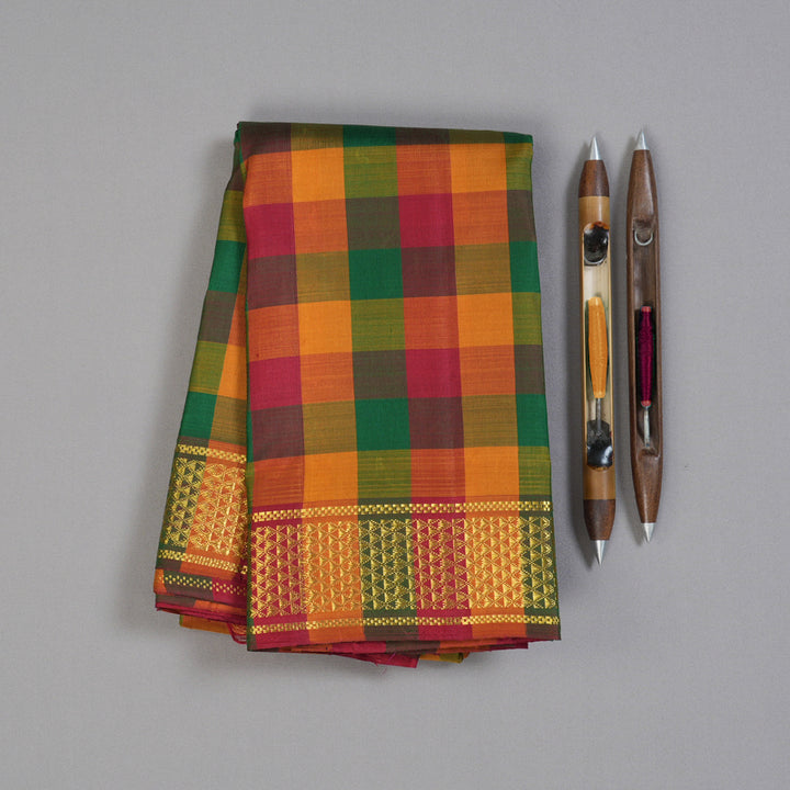 Hayagrivas Multi Color Checks Handloom Kanjivaram Silk Saree with Maroon Border KBD1594A1-1