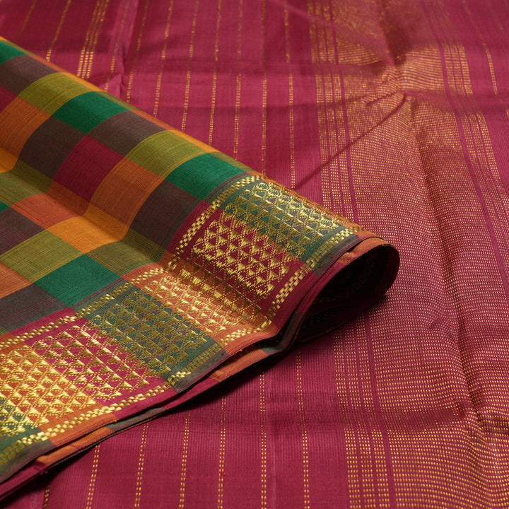 Hayagrivas Multi Color Checks Handloom Kanjivaram Silk Saree with Maroon Border KBD1594A1-1