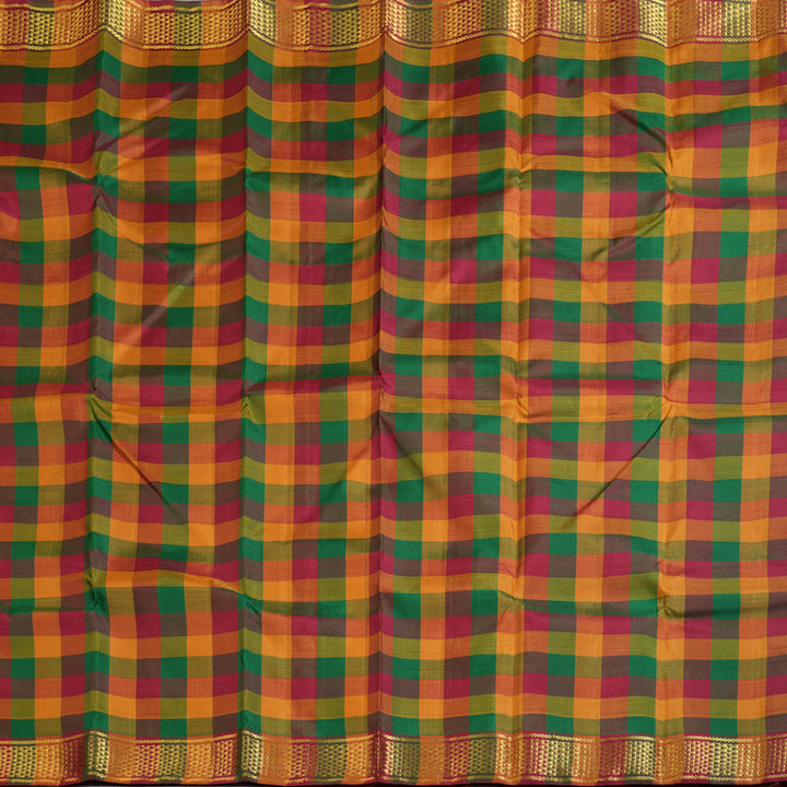 Hayagrivas Multi Color Checks Handloom Kanjivaram Silk Saree with Maroon Border KBD1594A1-1