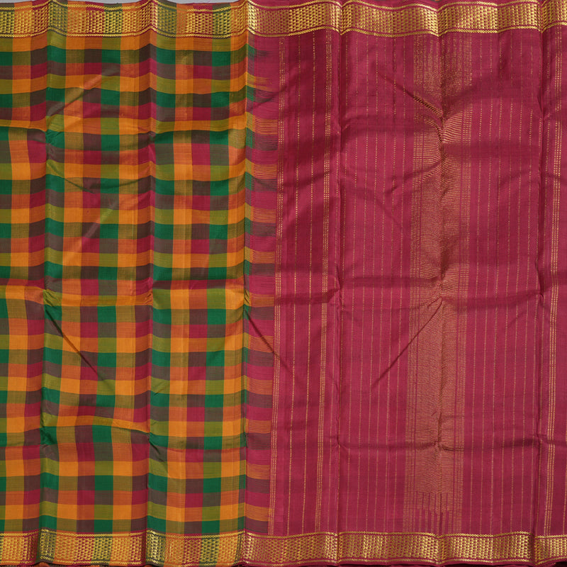 Hayagrivas Multi Color Checks Handloom Kanjivaram Silk Saree with Maroon Border KBD1594A1-1