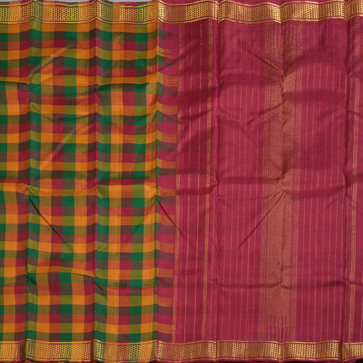 Hayagrivas Multi Color Checks Handloom Kanjivaram Silk Saree with Maroon Border KBD1594A1-1