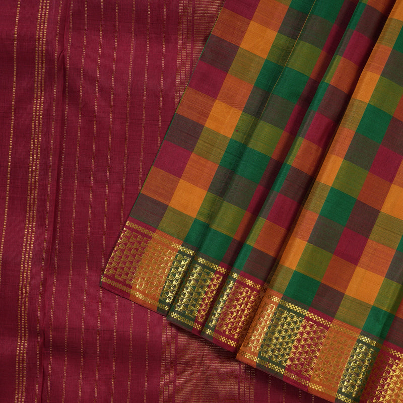 Hayagrivas Multi Color Checks Handloom Kanjivaram Silk Saree with Maroon Border KBD1594A1-1