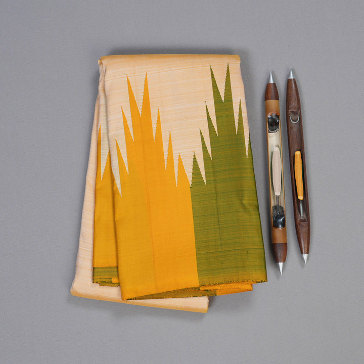 Hayagrivas Fawn Handloom Kanjivaram Silk Saree with Mustard & Green Border KBD1594A5-1