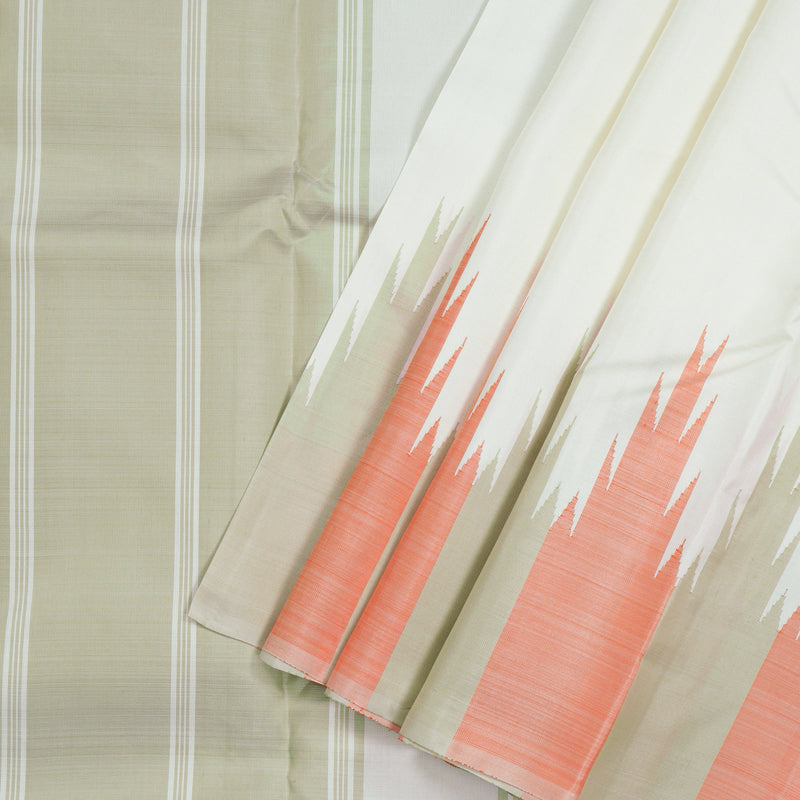 Hayagrivas Half White Handloom Kanjivaram Silk Saree with Grey With Peach Orange Border KBD1594A5-3