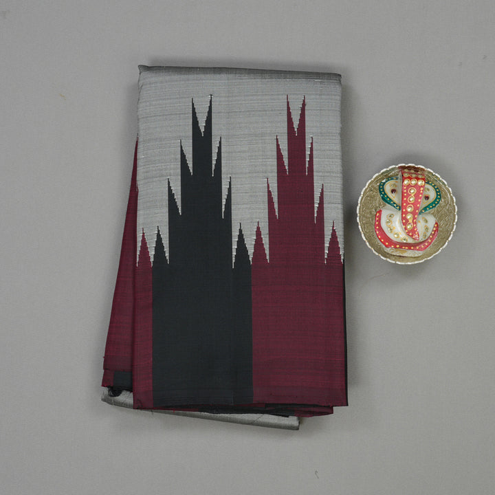 Hayagrivas Handloom Silver Grey Kanjivaram Silk Saree with Black & Wine Maroon (Temple Border) KBD1594A5-6