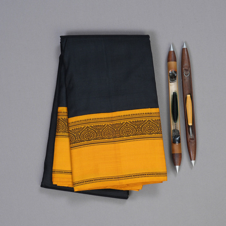 Hayagrivas Black Handloom Kanjivaram Silk Saree with Mustard Border KBD1594A7-2