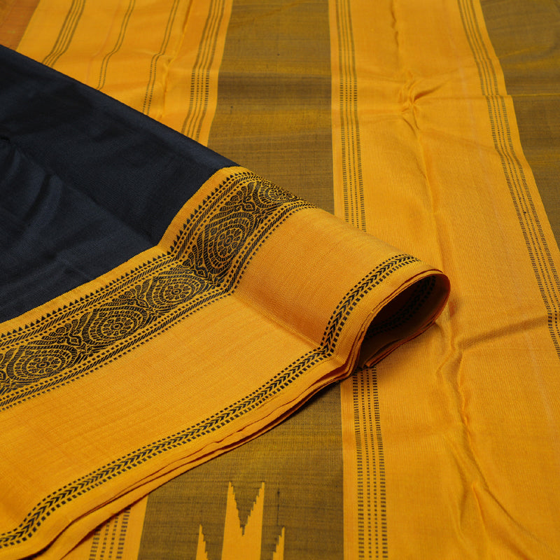 Hayagrivas Black Handloom Kanjivaram Silk Saree with Mustard Border KBD1594A7-2