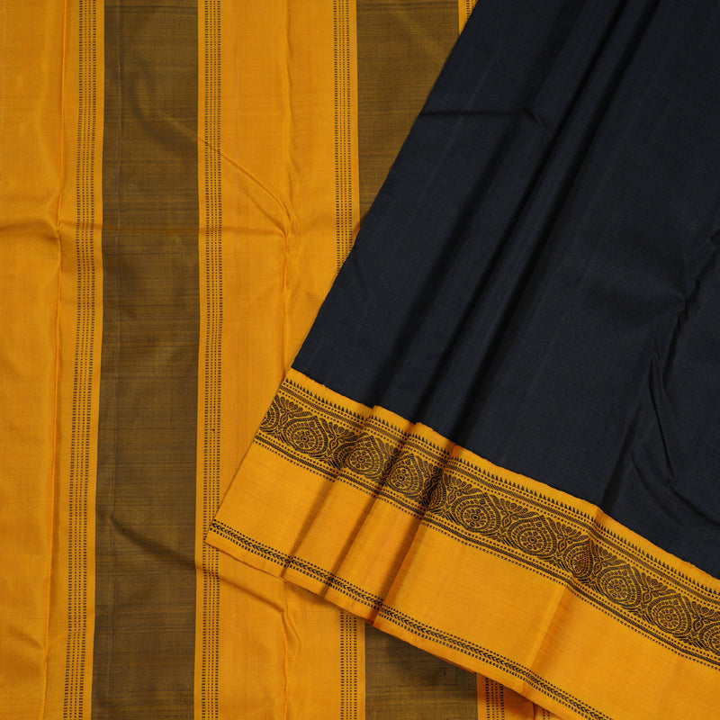 Hayagrivas Black Handloom Kanjivaram Silk Saree with Mustard Border KBD1594A7-2