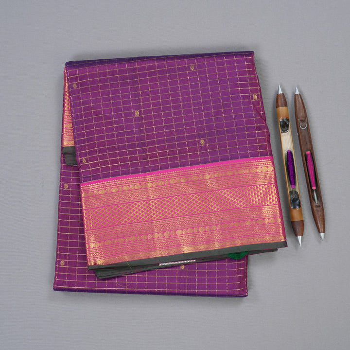 Hayagrivas Timeless Dark Purple Handloom Kanjivaram Ten Yards Silk Saree with Pink Border KBD1597A6-1