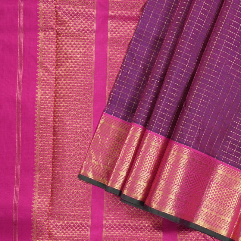 Hayagrivas Timeless Dark Purple Handloom Kanjivaram Ten Yards Silk Saree with Pink Border KBD1597A6-1