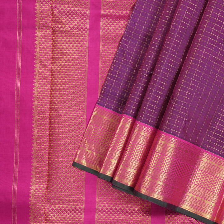 Hayagrivas Timeless Dark Purple Handloom Kanjivaram Ten Yards Silk Saree with Pink Border KBD1597A6-1