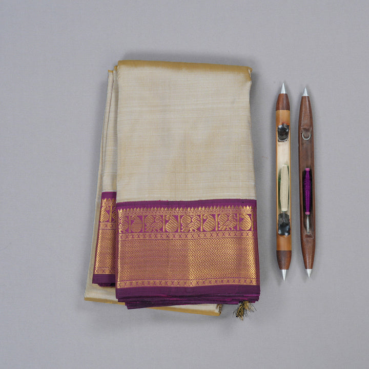 Hayagrivas Sandal Beige Handloom Kanjivaram Silk Saree with Dark Purple Border KBD1598A8-2