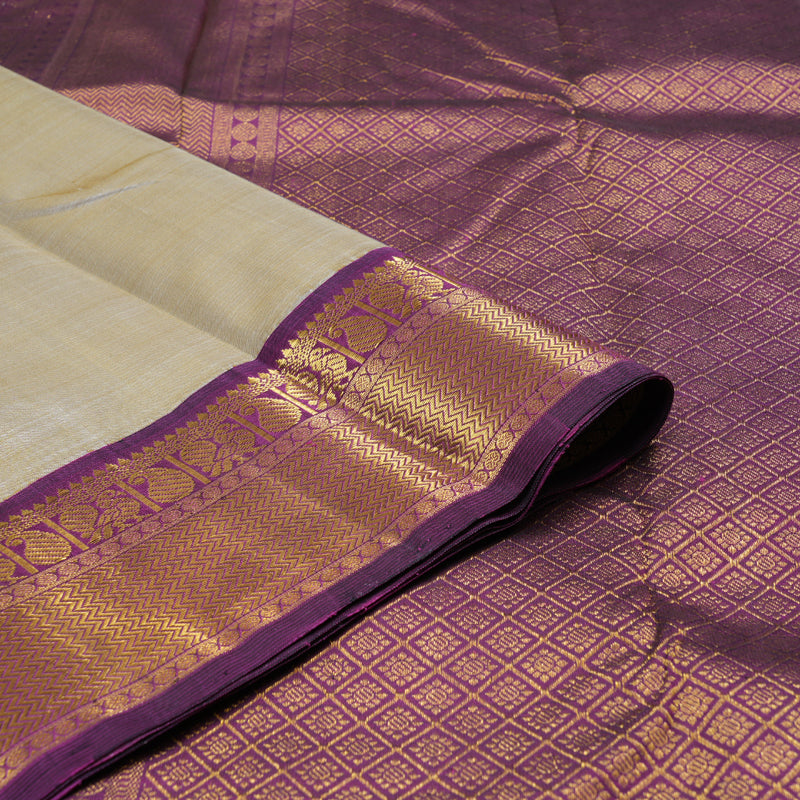 Hayagrivas Sandal Beige Handloom Kanjivaram Silk Saree with Dark Purple Border KBD1598A8-2