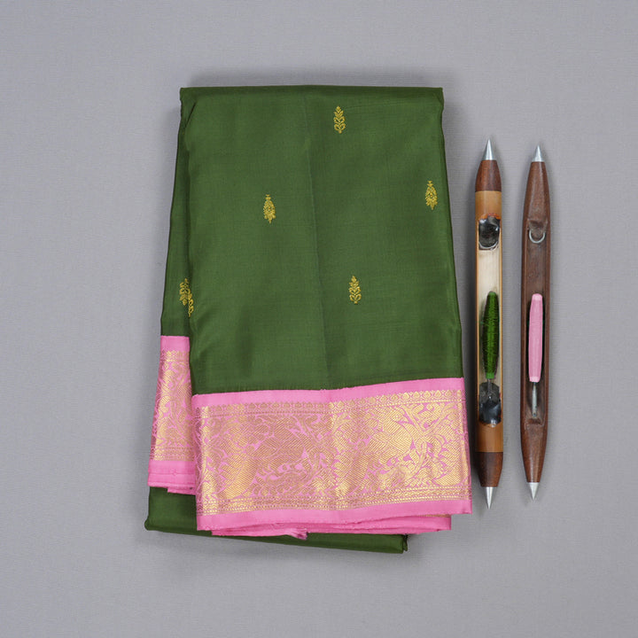 Hayagrivas Dark Green Handloom Kanjivaram Silk Saree with Baby Pink Border KBD1603A2-1