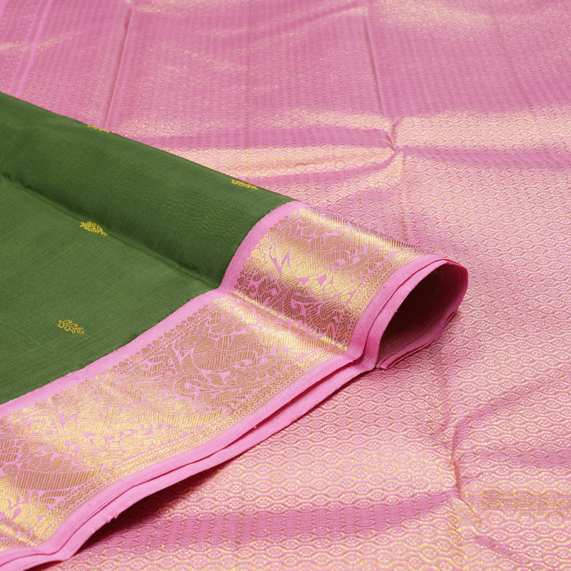 Hayagrivas Dark Green Handloom Kanjivaram Silk Saree with Baby Pink Border KBD1603A2-1