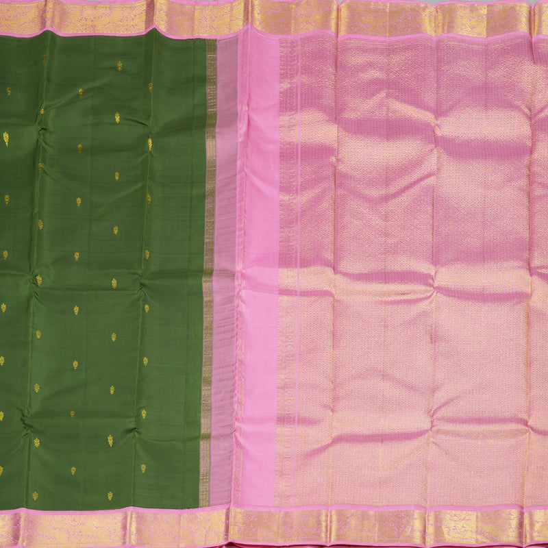 Hayagrivas Dark Green Handloom Kanjivaram Silk Saree with Baby Pink Border KBD1603A2-1