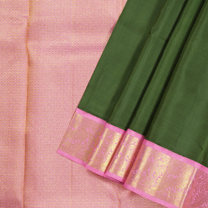 Hayagrivas Dark Green Handloom Kanjivaram Silk Saree with Baby Pink Border KBD1603A2-1