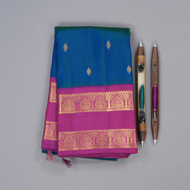 Hayagrivas Peacock Blue Handloom Kanjivaram Silk Saree with Purple Border KBD1603A3-2