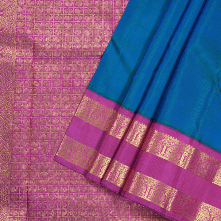 Hayagrivas Peacock Blue Handloom Kanjivaram Silk Saree with Purple Border KBD1603A3-2