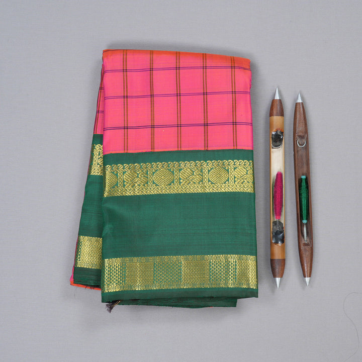 Hayagrivas Orangish Pink Handloom Kanjivaram Silk Saree with Bottle Green Border with KBD1604A10-1