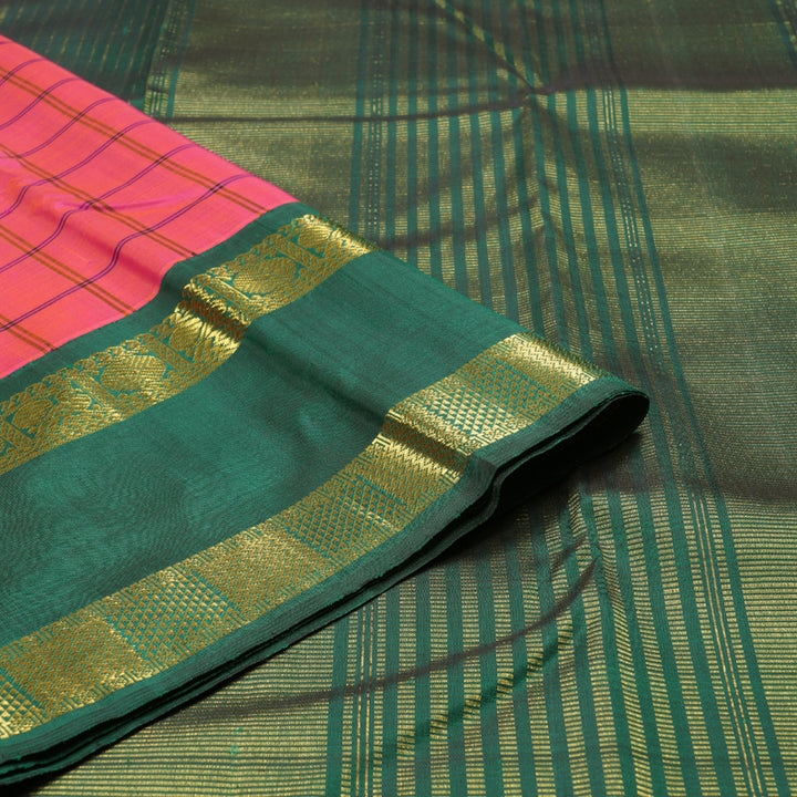 Hayagrivas Orangish Pink Handloom Kanjivaram Silk Saree with Bottle Green Border with KBD1604A10-1
