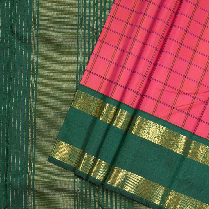 Hayagrivas Orangish Pink Handloom Kanjivaram Silk Saree with Bottle Green Border with KBD1604A10-1