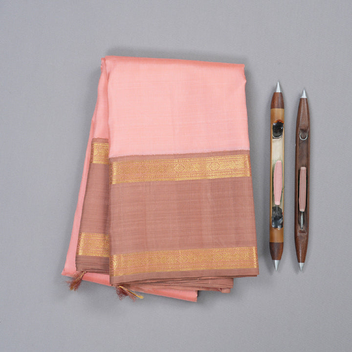 Hayagrivas Peach Pink Handloom Kanjivaram Silk Saree with Light Chocolate Brown Border KBD1605A2-2