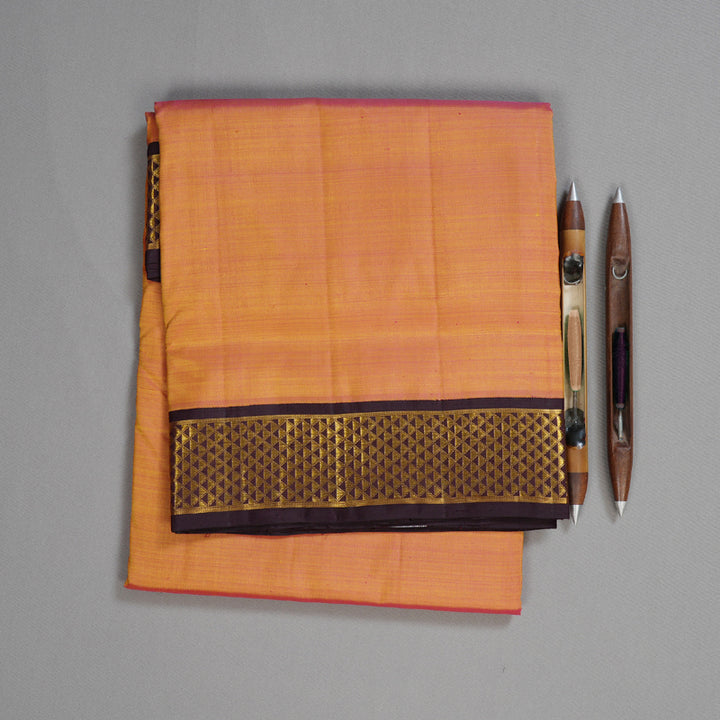 Hayagrivas Dual Tone (Yellow With Pink) Handloom Kanjivaram Ten Yards Silk Saree with Dark Brown Border KBD1608A2-1