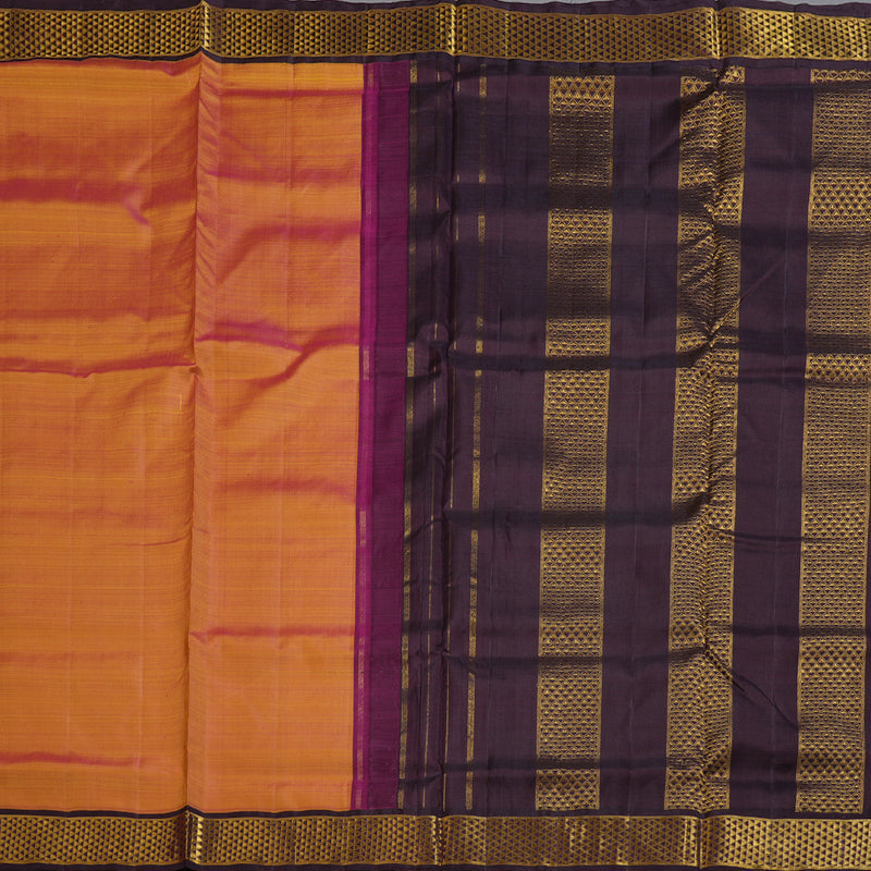Hayagrivas Dual Tone (Yellow With Pink) Handloom Kanjivaram Ten Yards Silk Saree with Dark Brown Border KBD1608A2-1