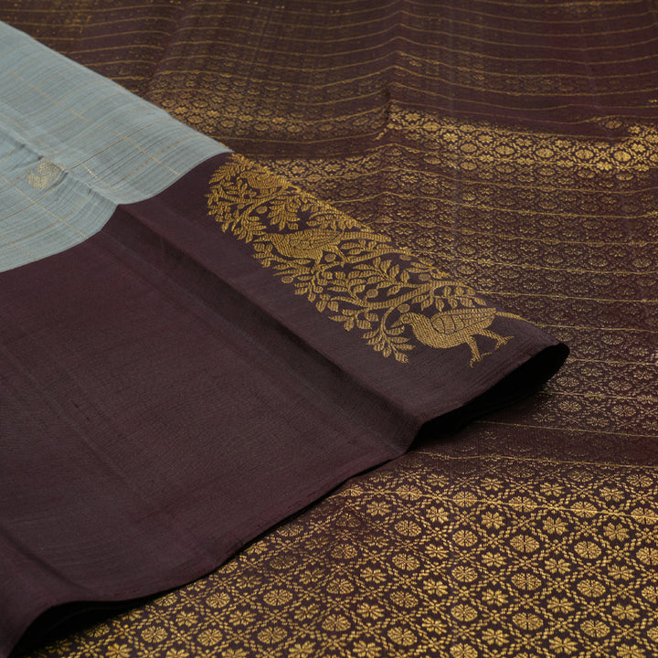 Hayagrivas Grey Handloom Kanjivaram Silk Saree with Dark Brown Border KBD1611A2-1