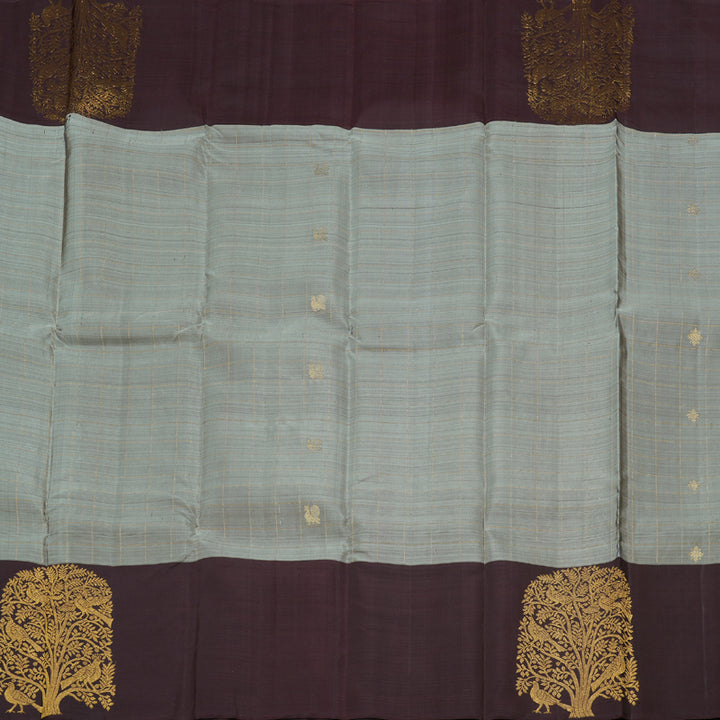 Hayagrivas Grey Handloom Kanjivaram Silk Saree with Dark Brown Border KBD1611A2-1