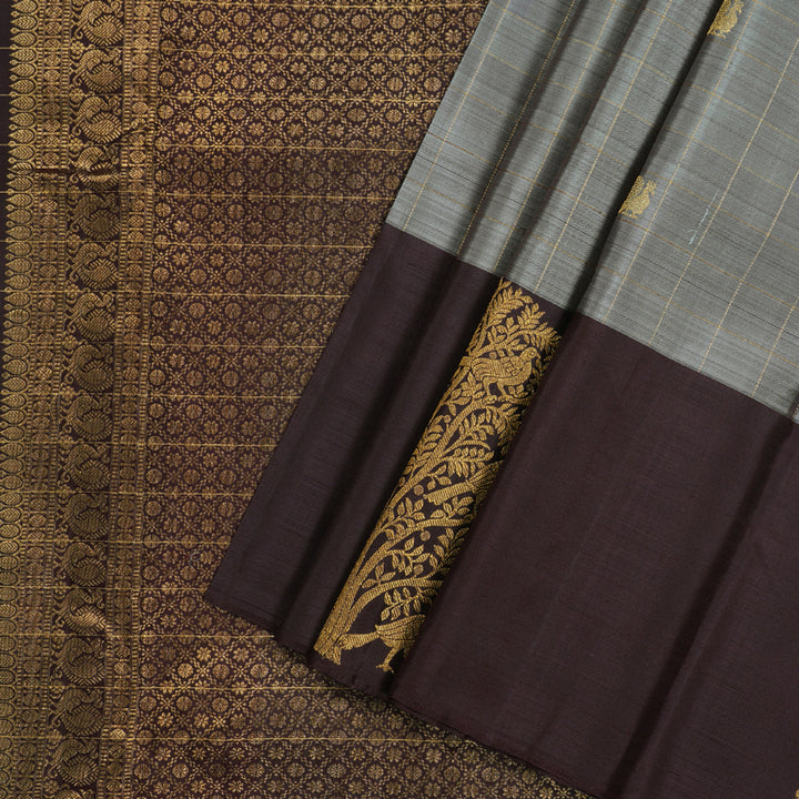 Hayagrivas Grey Handloom Kanjivaram Silk Saree with Dark Brown Border KBD1611A2-1
