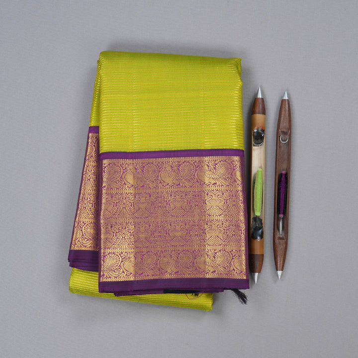 Hayagrivas Fluorescent Green Handloom Kanjivaram Silk Saree with Dark Purple Border KBD1614A1-2