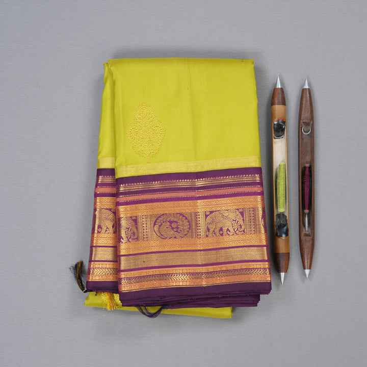 Hayagrivas Lemon Green Handloom Kanjivaram Silk Saree with Dark Purple Border KBD1615A1-1