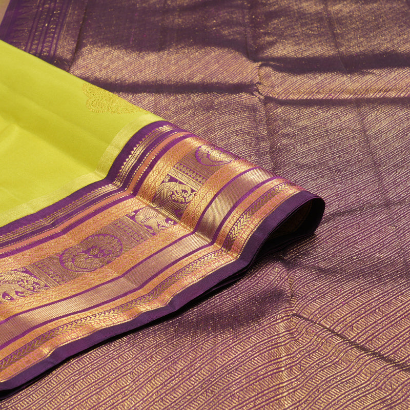 Hayagrivas Lemon Green Handloom Kanjivaram Silk Saree with Dark Purple Border KBD1615A1-1
