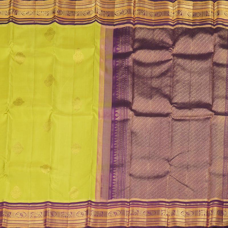 Hayagrivas Lemon Green Handloom Kanjivaram Silk Saree with Dark Purple Border KBD1615A1-1