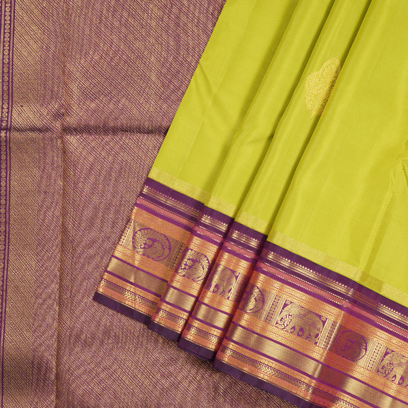 Hayagrivas Lemon Green Handloom Kanjivaram Silk Saree with Dark Purple Border KBD1615A1-1